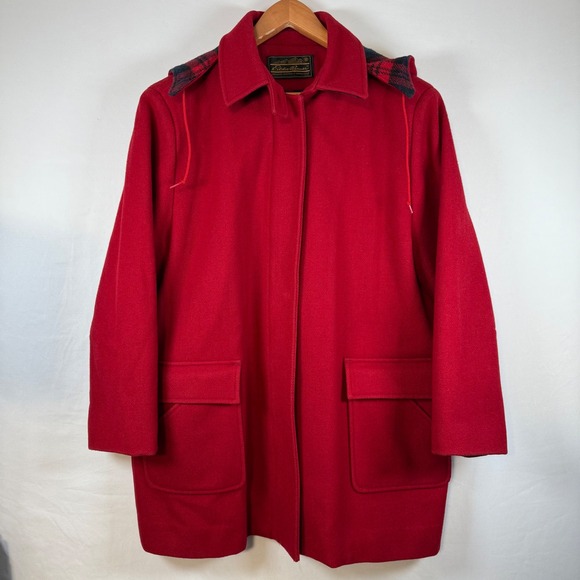 Eddie Bauer Jackets & Blazers - Eddie Bauer Red Wool Blend Plaid Lined Removable Hooded Jacket Size 15 16 Large